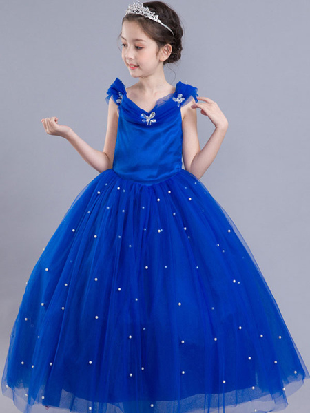 Milanoo Little Girls Royal Blue Flower Girl Dress Princess Beaded Kids Pageant Party Dress