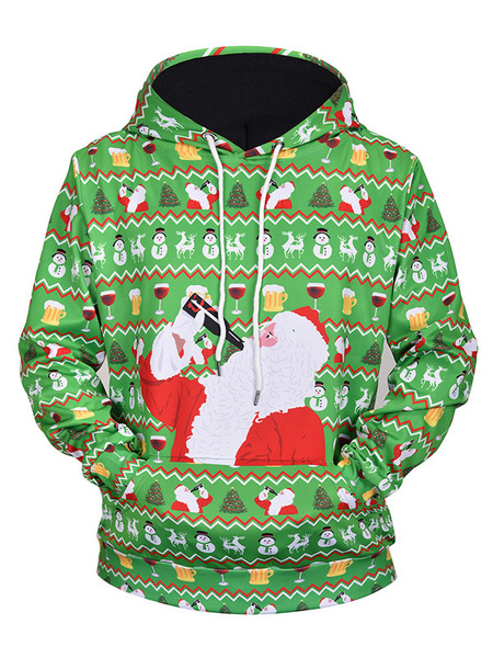 Image of Men Casual Hoodie Christmas Pattern Green Long Sleeve Pullover Hoodie