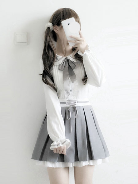 Milanoo Classic Lolita Outfit Bow Frill Lolita Blouse With Pleated Skirt