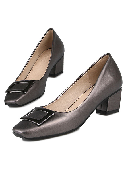

Milanoo Women Dress Shoes Square Toe Metal Detail Chunky Heel Pumps, Metallic;coffee brown;black