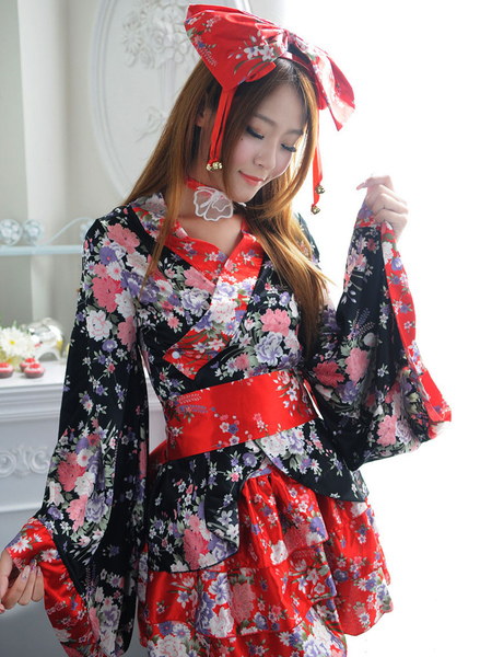 Milanoo Japanese Kimono Costume Female Black Short Lolita Dress Maid Cosplay Anime Set