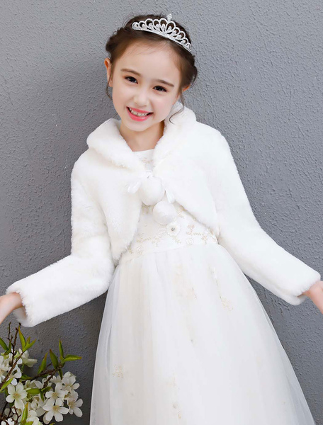 Milanoo Faux Fur Stole Flower Girl Jacket Pom Poms Shrug Winter Shawl For Kids