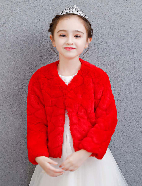 Milanoo Faux Fur Jacket Red Flower Girls Long Sleeve Winter Wrap Shawl