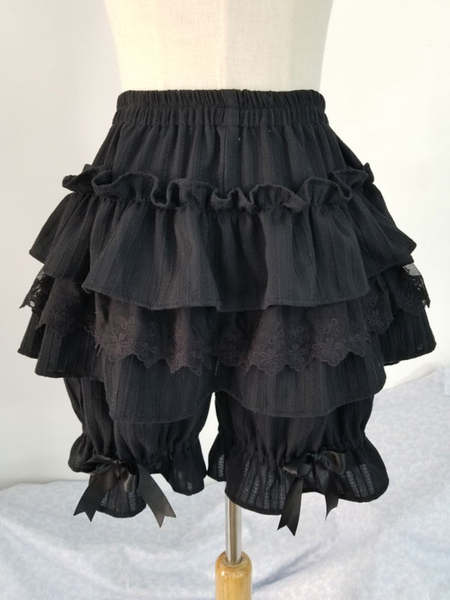 Image of Classico Lolita Shorts Ruffle Lace Bow Black Cotton Lolita Bottom