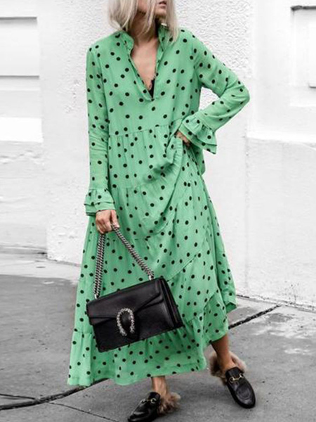 Image of Oversized Maxi Dress Long Sleeve Dress Stand Collar Polka Dot Ruffles Green Casual Dress