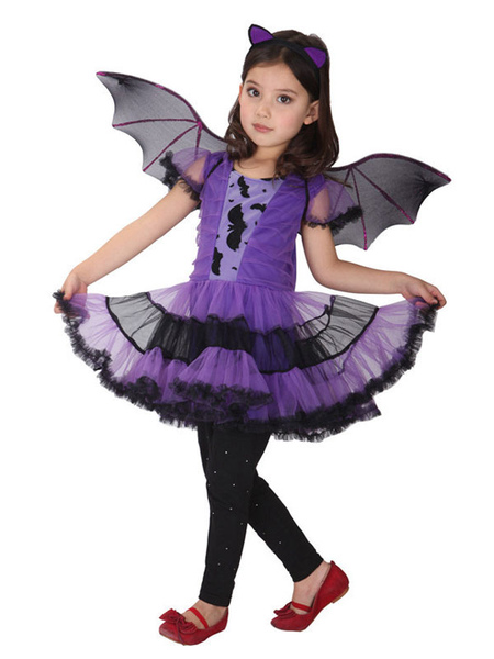 Milanoo Halloween Bat Costume Kids Purple Dresses Outfit 3 Piece