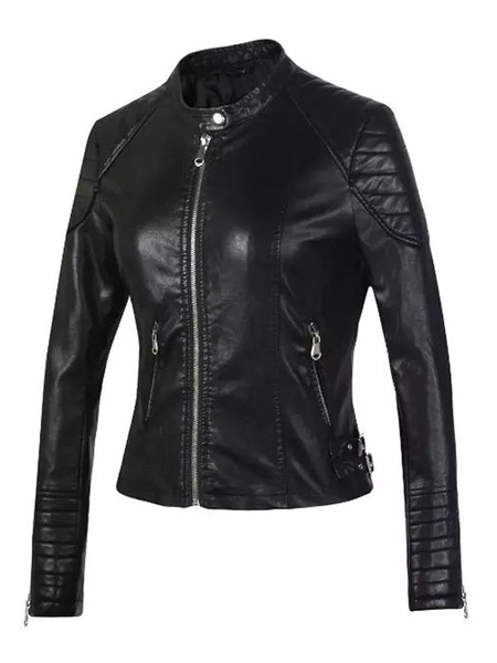 Image of Black Moto Jacket Women PU Jacket Stand Collar Pockets Zip Up Biker Jacket