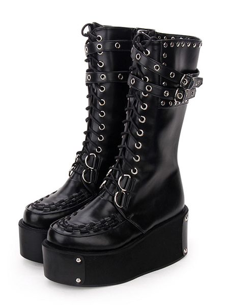 Image of Gothic Lolita Boots Rivet Grommet Fibbia Lace Up Zipper Platform Nero Lolita Calzature