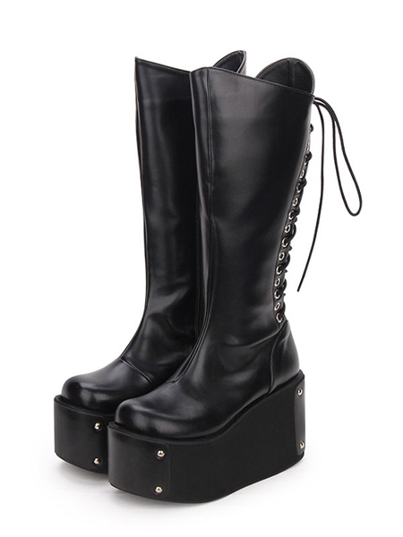 Image of Gothic Lolita Boots Metallic Lace Up Zipper Platform Nero Lolita Calzature