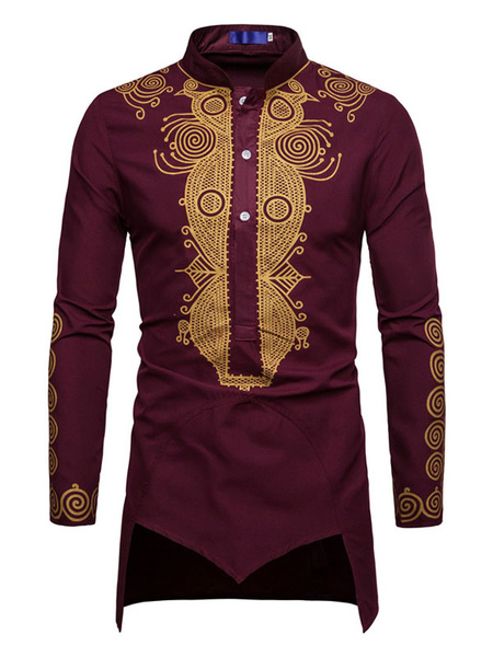 Image of Men Arabian Clothing Hot Stamping Stand Collar Irregular Design Long Sleeve Casual Shirt