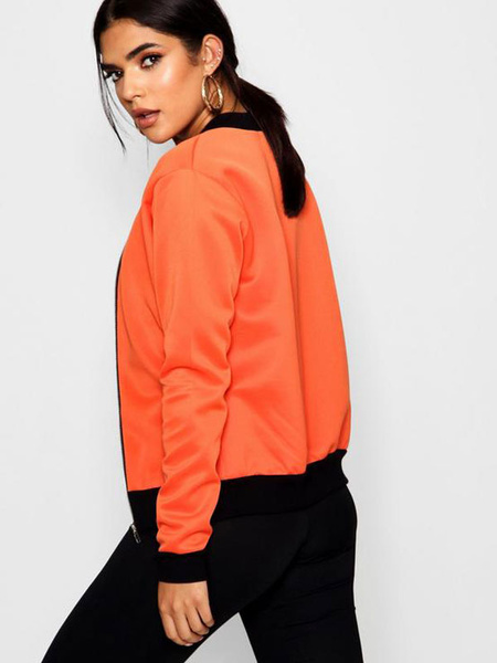 Image of Orange Bomber Jacket Two Tone Rib Cuff Long Sleeve Varsity Jacket For Women