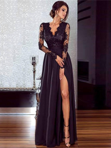 

Milanoo Women Black Long Dress Illusion Sleeves High Split Lace And Chiffon Sexy Dress
