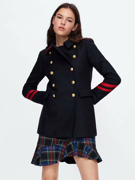Milanoo Women Pea Coat Military Stripe Side Buttons Turndown Collar Sailor Winter Coat