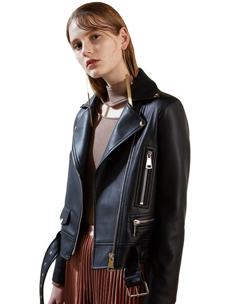 Image of Black Moto Jacket Leather Like Zipper Buckle Turndown Collar Biker Jacket