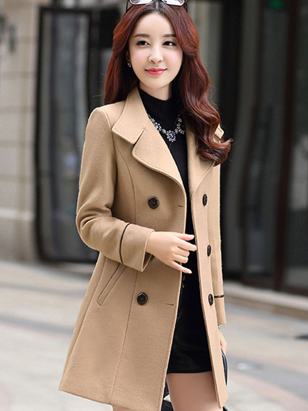 milanoo.com Women Pea Coat Woolen Trench Coat Long Sleeve Buttons Winter Coat