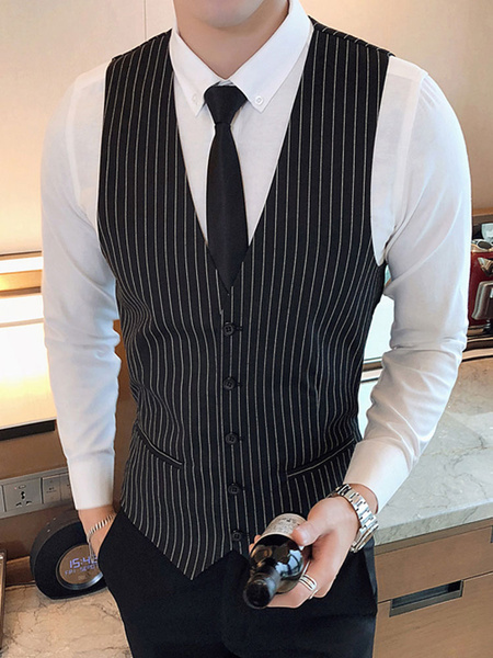 Image of Men Dress Gilet Stripe V Neck Tuxedo Pocket Button Waistcoat