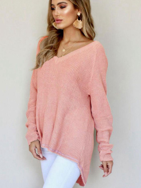 Image of Women Casual Sweater V Neck Cotton Blend Pullover Knitwear