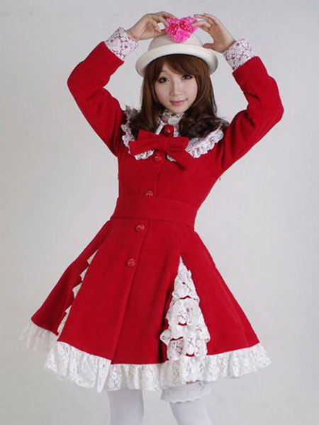 Image of Sweet Lolita Overcoat Lace Trim Ruffle Bow Wool Lolita Winter Coat