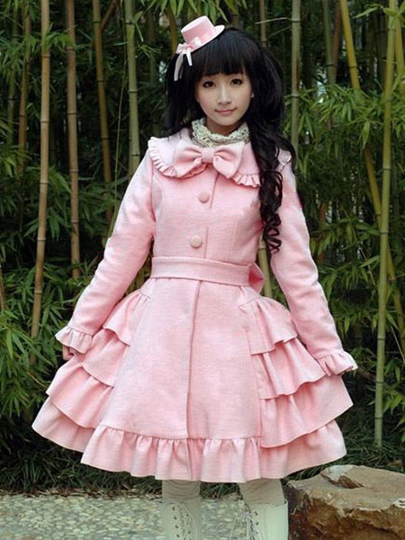 Image of Cappotto in lana Lolita Sweet Layered Ruffle Pink Lolita Winter Coat