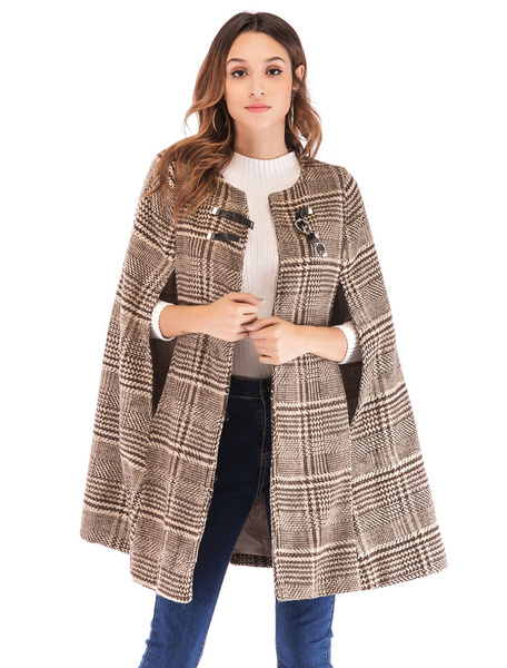 Image of Women Plaid Poncho Coat Buckle Tweed Winter Cape Coat