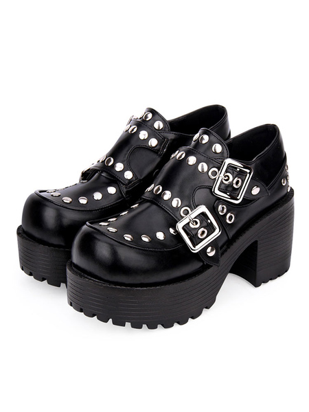 Image of Punk Lolita Calzature Rivet Buckle Chunky Heel Platform Black Lolita Shoes
