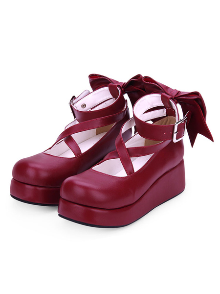 Image of Sweet Lolita Shoes Bow Strappy Borgogna Platform Lolita Calzature
