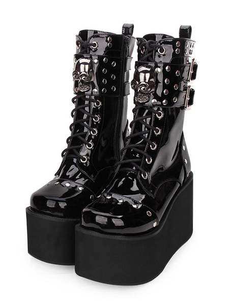 Milanoo Gothic Lolita Boots Metallic Buckle Rivet Lace Up Zipper Platform Black Lolita Footwear
