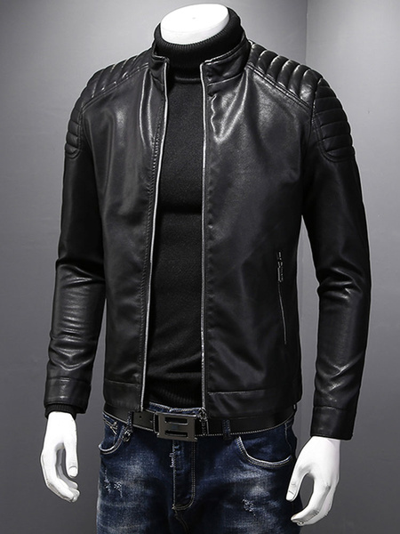 Image of Men Leather Jacket Ruched Zipper Stand Collar Long Sleeve PU Biker Jacket