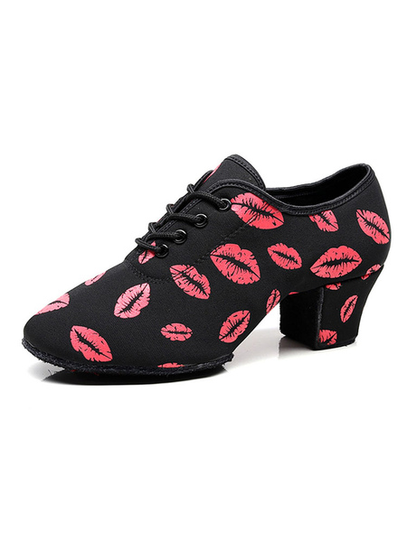 Image of Latin Dance Shoes Women Round Toe Lips Printed Lace Up Dance Shoes
