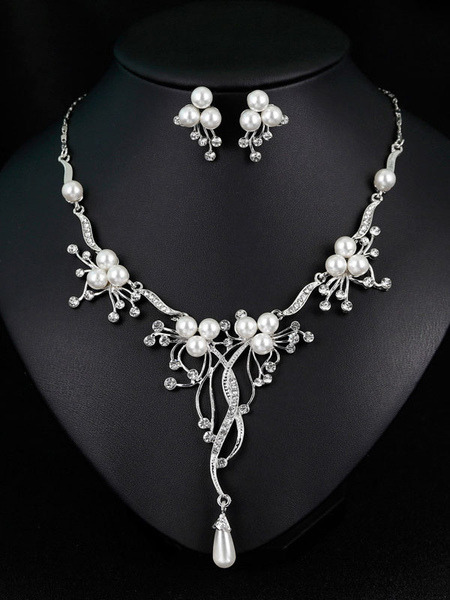 Milanoo Pearls Wedding Jewelry Set Vintage Silver Bridal Earrings Necklace Set