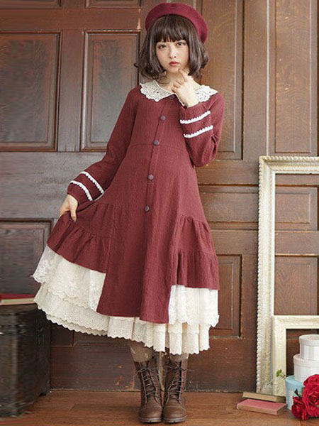 Milanoo Classic Lolita OP Dress Lac Ruffle Button Two Tone Cotton Red Lolita One Piece Dress
