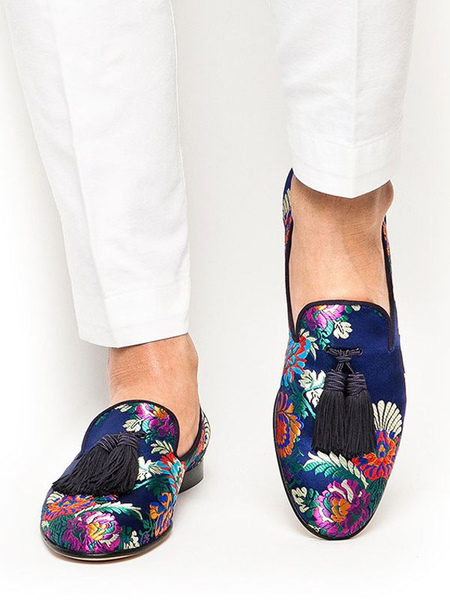 Men's Blue Satin Floral Embroidered Loafers with Tassel