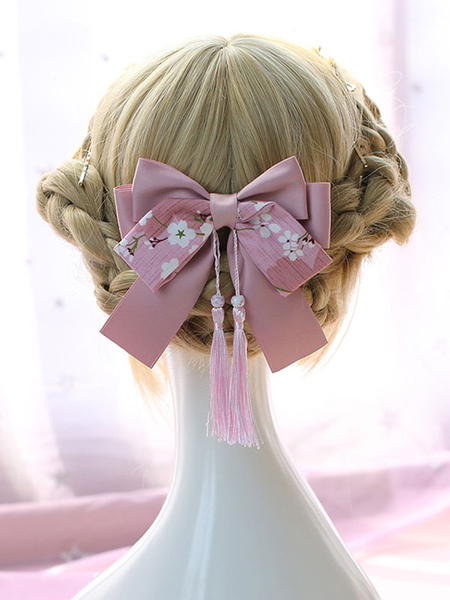 Image of Lolita copricapo in stile cinese stampa nappa fiocco rosa accessorio per capelli lolita