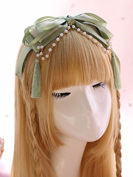 Image of Dolce lolita copricapo perla nappa fiocco in raso verde chiaro fascia per capelli lolita