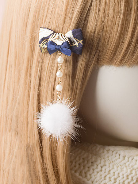 Image of Kimono Lolita Hairpin Pom Pom Pearl Bow Fan Blu Lolita Accessorio per capelli