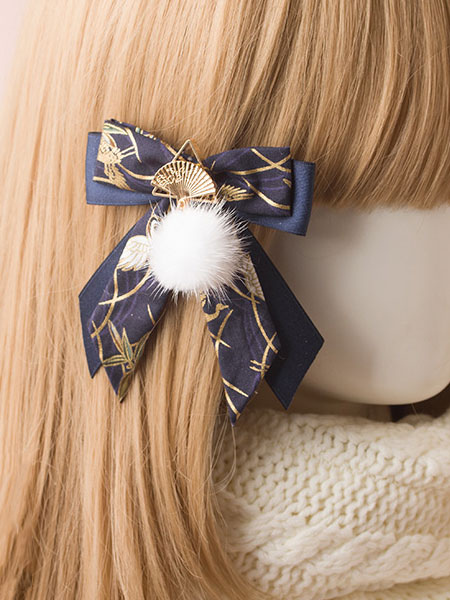 Image of Kimono Lolita Clip per capelli Pom Pom Bow Fan Blue Lolita Hairpin
