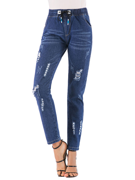 Image of Blue Denim Jeans Distressed Drawstring Elastic Waist Jeans