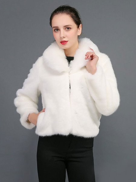 Milanoo Faux Fur Coat Women Turndown Collar Pockets Short Winter Coat