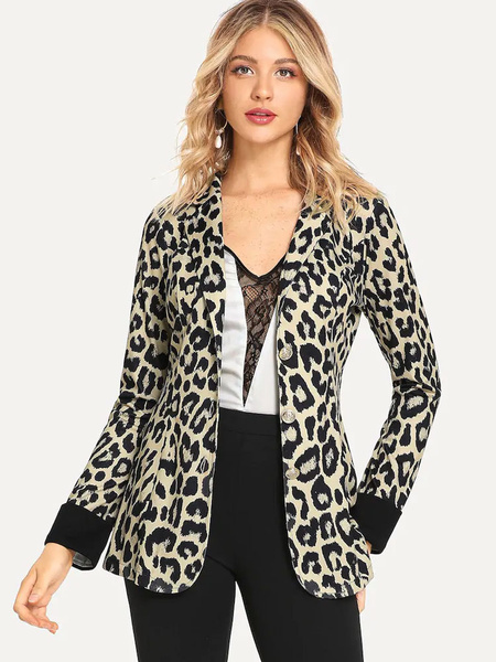 Image of Leopard Blazer Jacket Long Sleeve Button Casual Blazer For Women
