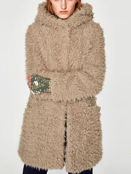 Image of Hooded Teddy Bear Coat Oversized Fluffy Coat Women Long Sleeve Pockets Faux Fur Coat