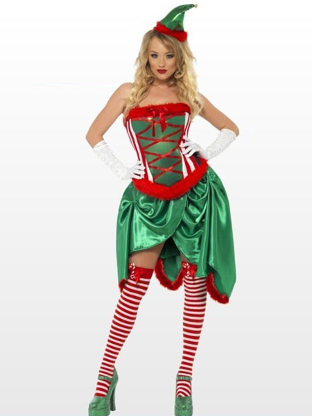 Milanoo Christmas Elf Costume Women Strapless Dresses And Hat 2 Piece Set Halloween