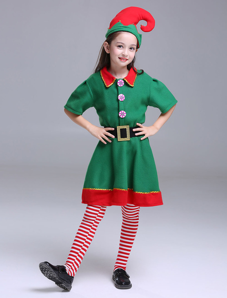 Milanoo Kids Christmas Elf Costumes Little Girls Half Sleeve Dresses Set 3 Piece Halloween