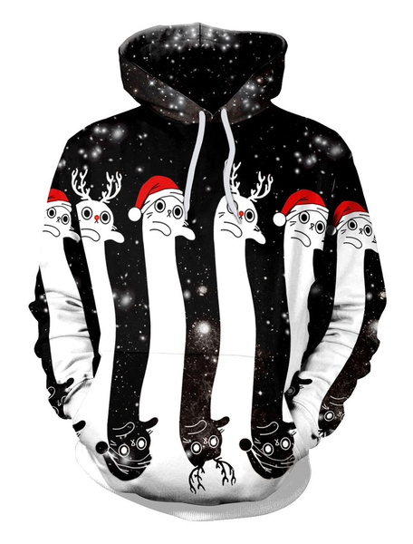 Image of Black Hooded Sweatshirt Christmas Pattern Print Pullover Top