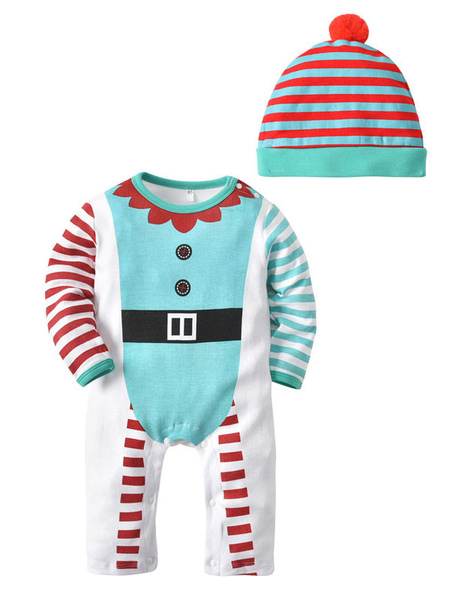 Image of Baby Christmas Pajamas Outfit Blue Striped Kids Romper With Hat Halloween