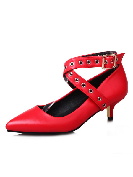 Milanoo Kitten Heel Pumps Red Pointed Toe Criss Cross Buckle Detail Pumps For Women