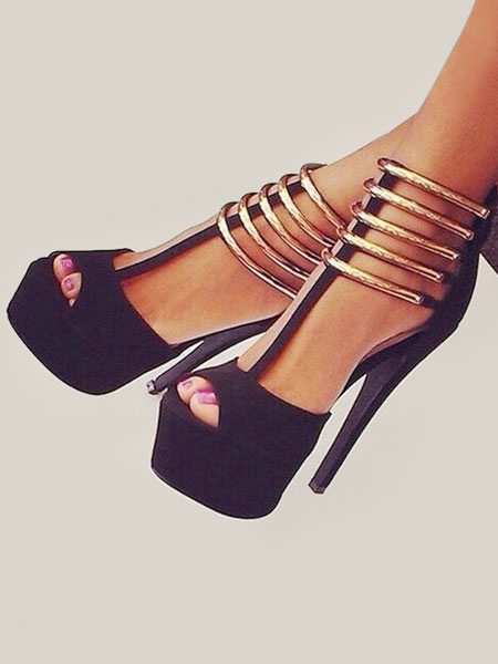 Image of Black Sexy Sandals Suede Platform Peep Toe T Type Ankle Strap Sandal Shoes Women High Heel Sandals