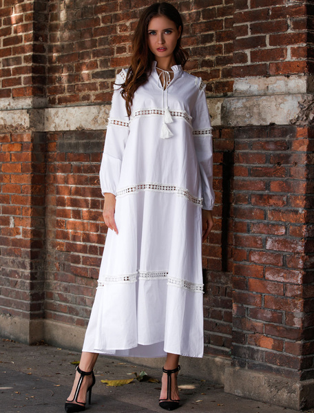 Image of White Maxi Dress Oversized Casual Dress Stand Collar Long Sleeve Cotton Dress