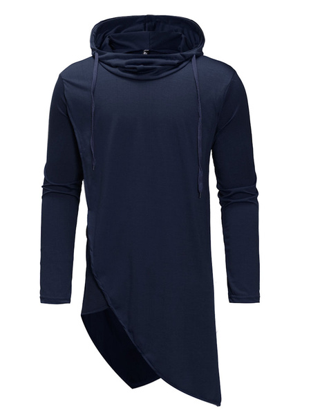 Image of Long Sleeve T Shirt Hooded Irregular Design Drawstring Longline Men Casual T Shirt