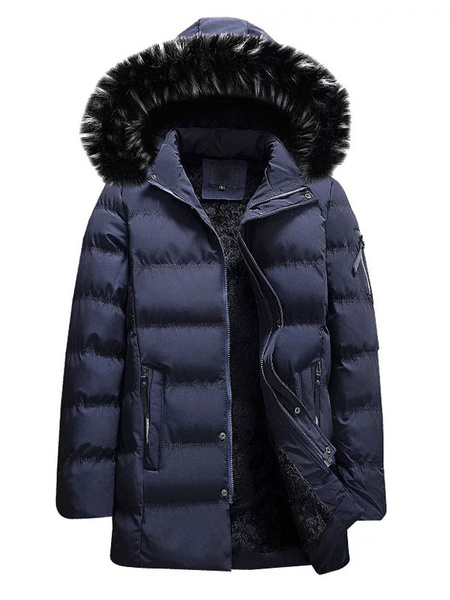 Image of Men Parka Coat Furry Hood Windbreaker Cotton Fill Plush Lining Winter Casual Overcoat