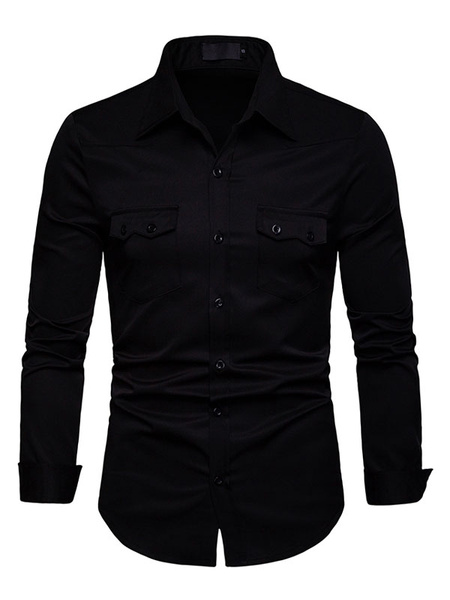 Image of Men Casual Shirt Pocket Button Decor Slim Fit Long Sleeve Shirt